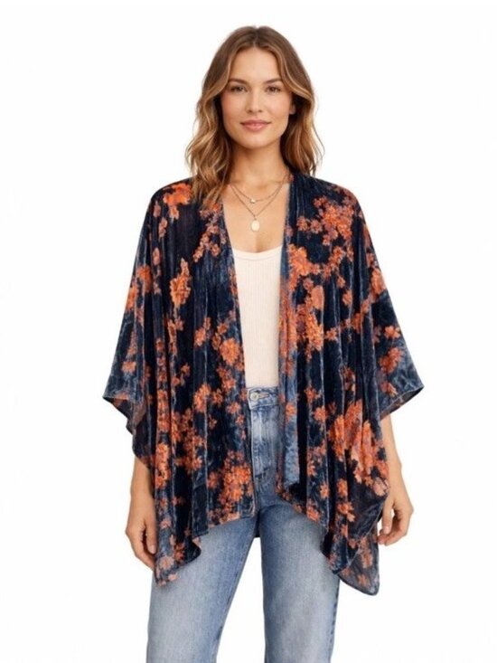 World Market Accessories - World Market Velvet Burnout Kimono Cardigan One Size Orange Blue Boho Resort